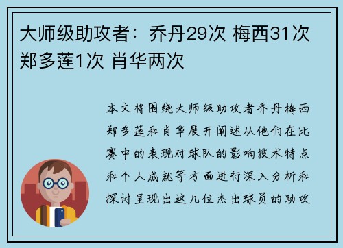 大师级助攻者：乔丹29次 梅西31次 郑多莲1次 肖华两次